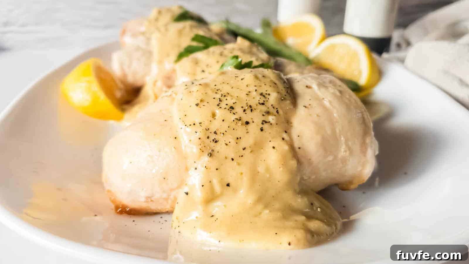 Plate of chicken cordon bleu topped with creamy sauce and black pepper.