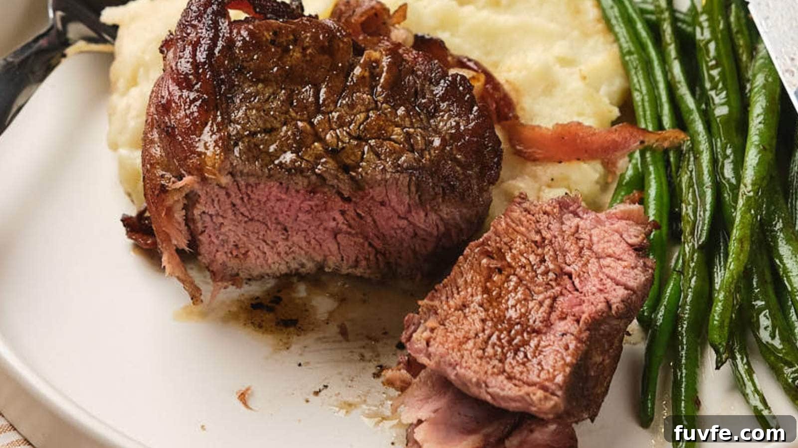 A plate with bacon wrapped beef tenderloin and green beans.