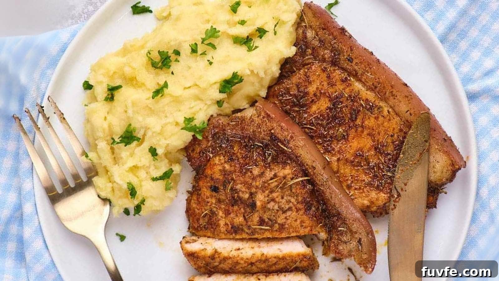 Air fryer boneless pork chops, mashed potatoes topped with parsley.