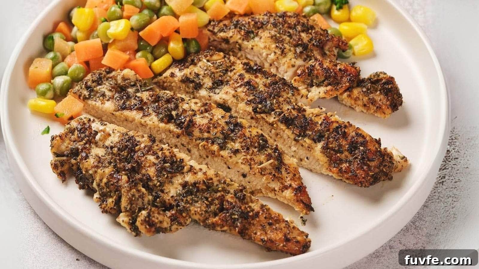 Pan seared chicken breast served with a side of mixed vegetables, including corn, carrots, and edamame, on a white plate.