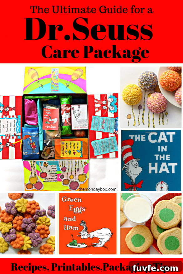 Collage of photos showing the inside of the care package with the flaps of the box decorated from Seuss books.