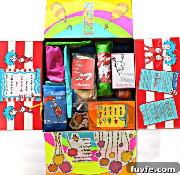 The inside of the care package with the flaps of the box decorated from Seuss books. 