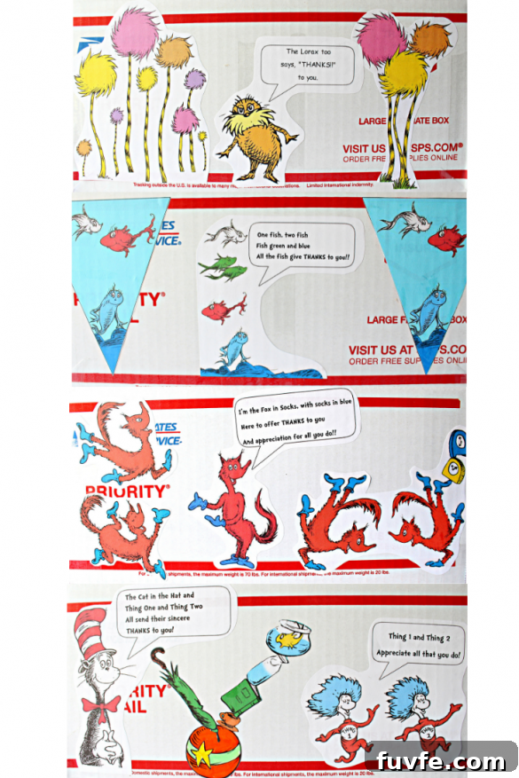 The outside of the box decorated with cut out characters from Seuss books.