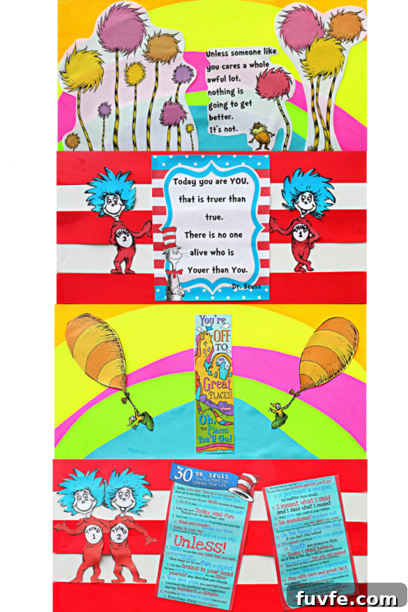 Inside box flaps decorated with Dr. Seuss characters and quotes