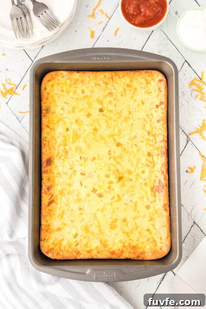 Golden brown Chilies Rellenos Bake in a 13x9-inch baking dish