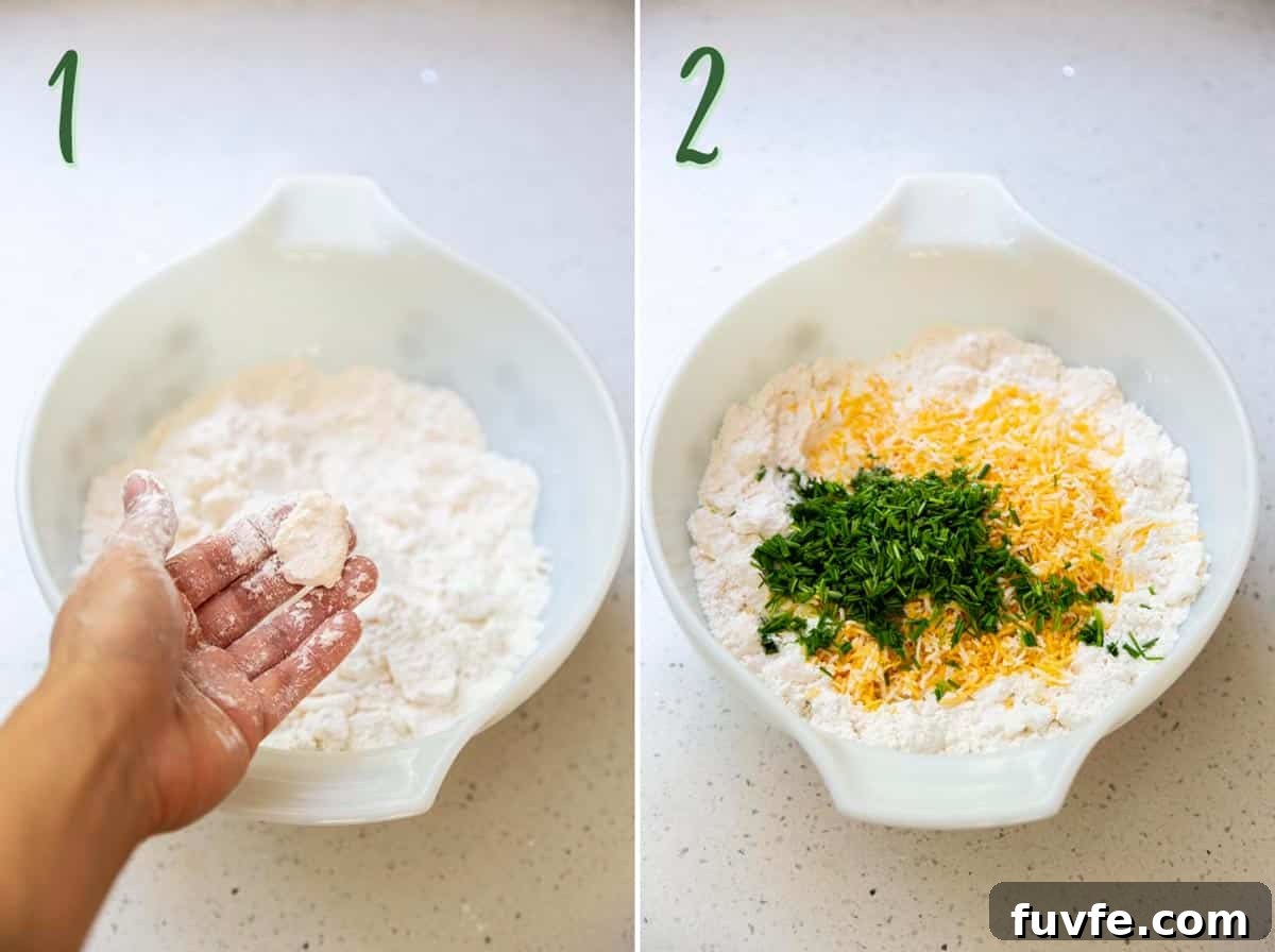 Collage of 2 photos: pressing butter into the dry ingredients, adding chives and cheese.