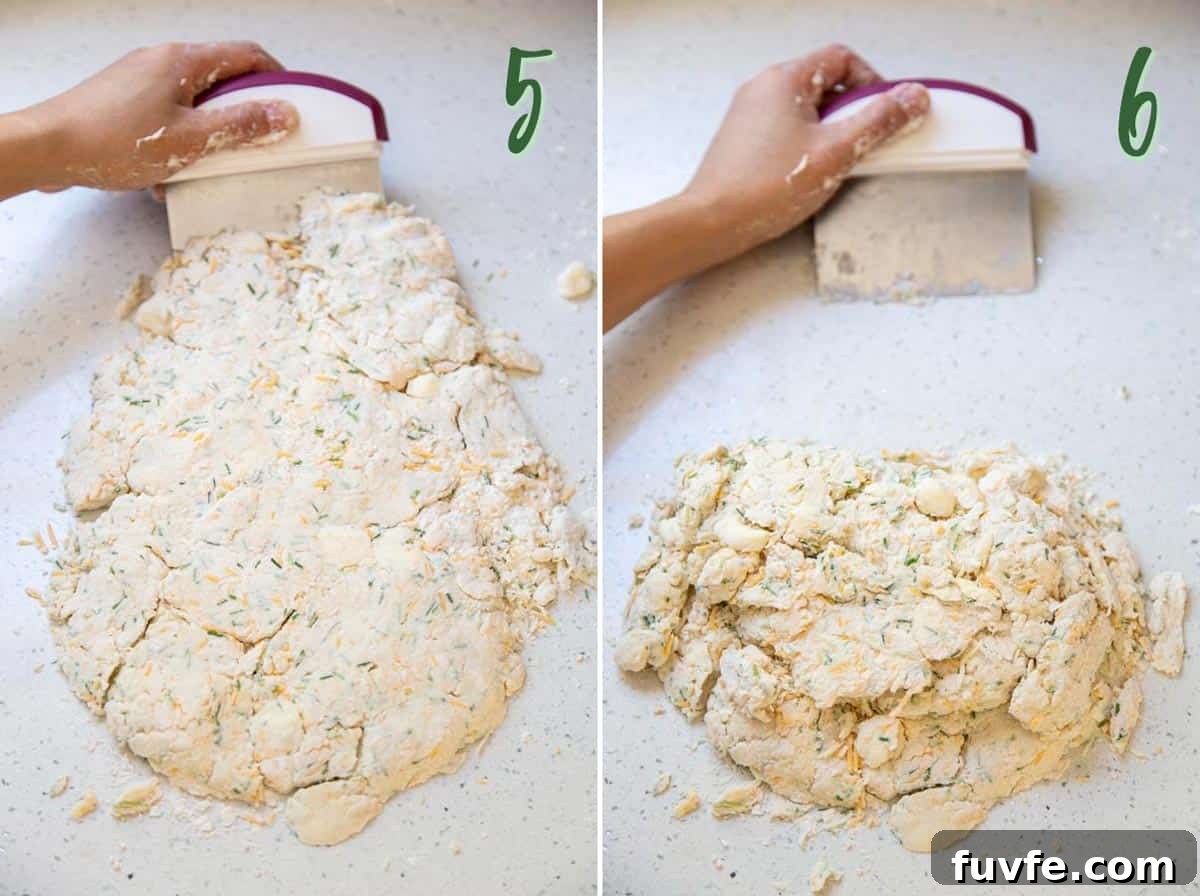 Collage of 2 photos showing how to fold the dough over using a bench scraper.