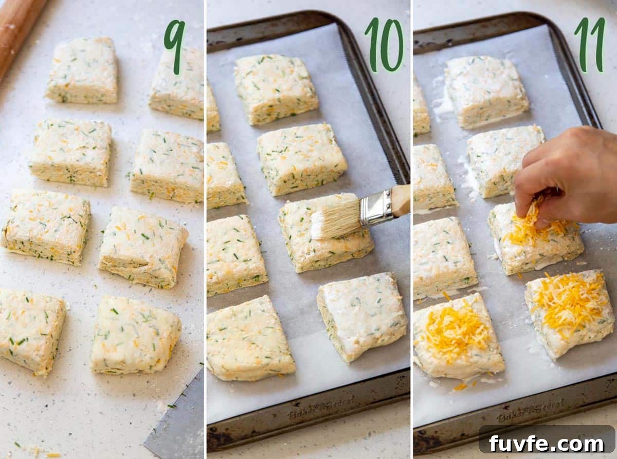 Collage of 3 photos showing cut biscuits being prepared for baking.