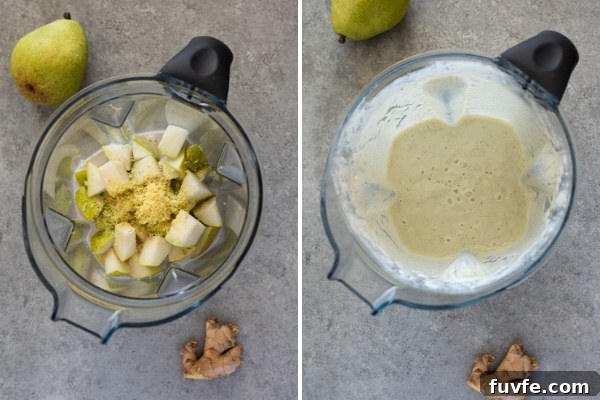 Silky Pear and Ginger Smoothie Recipe 6 pear smoothie collage before and after blending