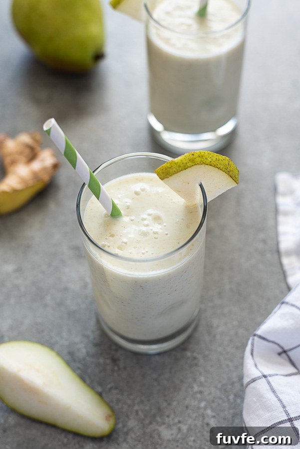Silky Pear and Ginger Smoothie Recipe 7 pear smoothie angled over shot