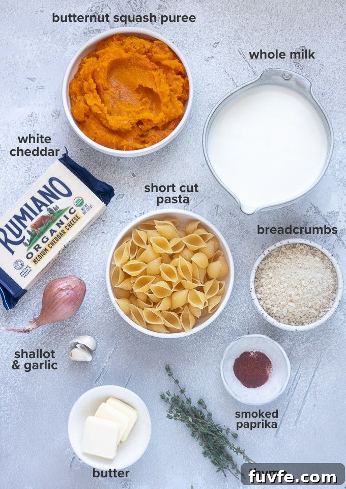 Butternut squash mac and cheese recipe ingredients.