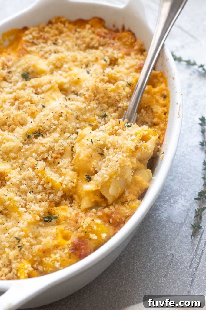 Mac and cheese with butternut squash in baking dish.