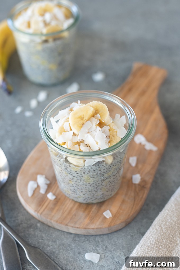 Creamy Banana Chia Seed Pudding Recipe 3 Banana chia seed pudding in a jar with coconut flakes