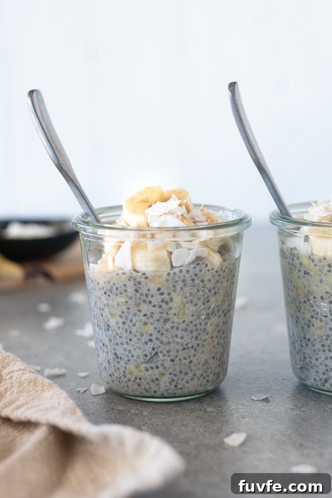 Banana chia pudding in a jar with a spoon