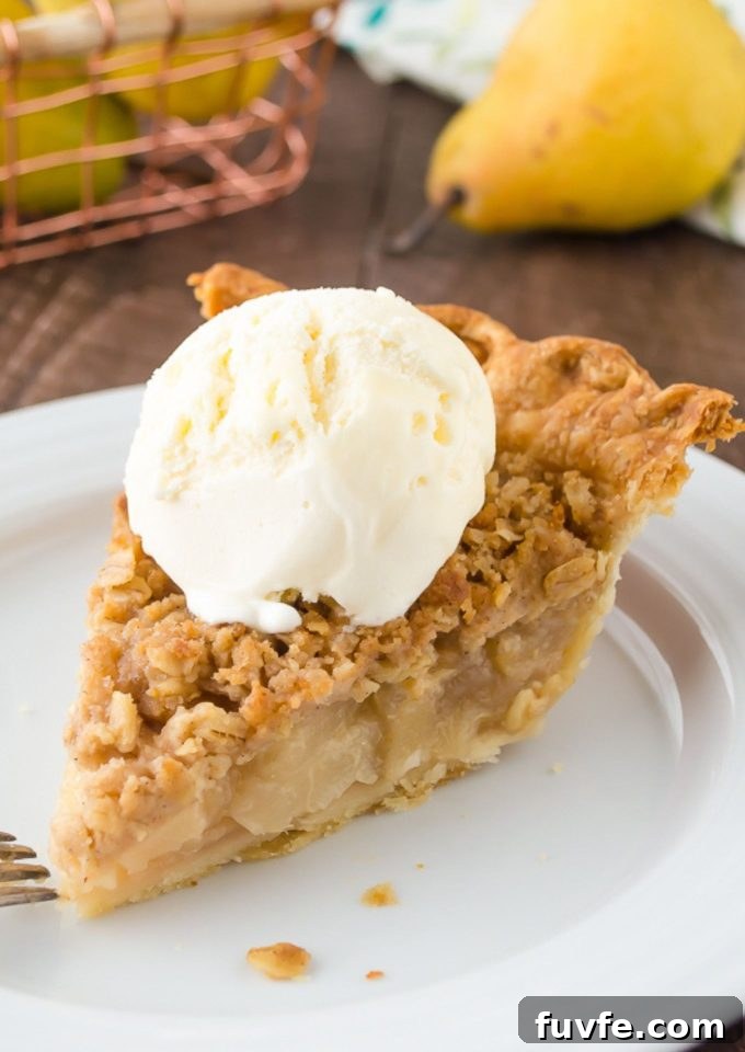 Pear pie a la mode on a plate