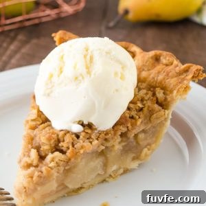 Pear pie a la mode on a plate