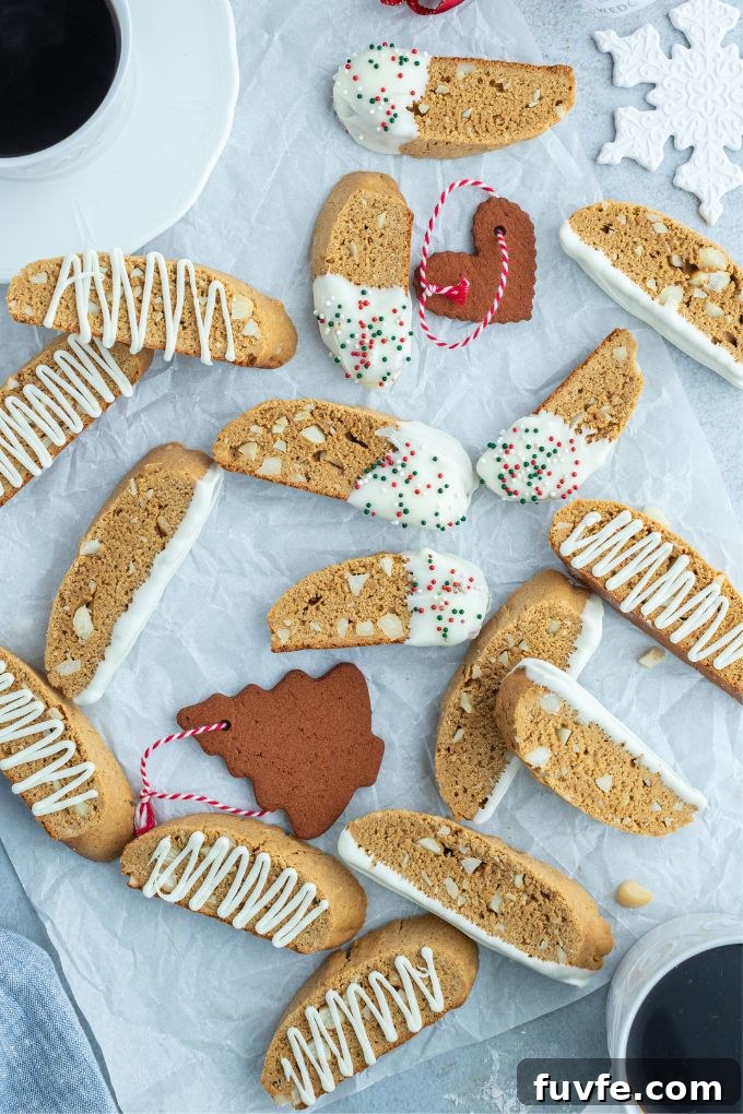 Gingerbread biscotti with ornaments and coffee