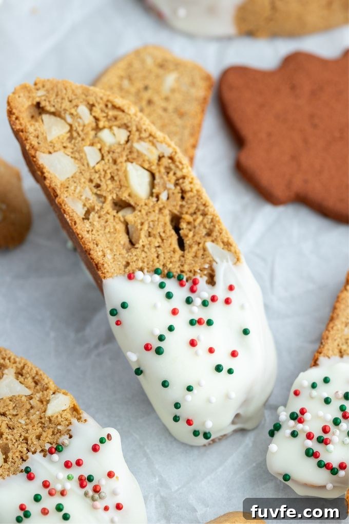 Gingerbread Biscotti Recipe for Holiday Mornings 8 Gingerbread biscotti with white chocolate and sprinkles