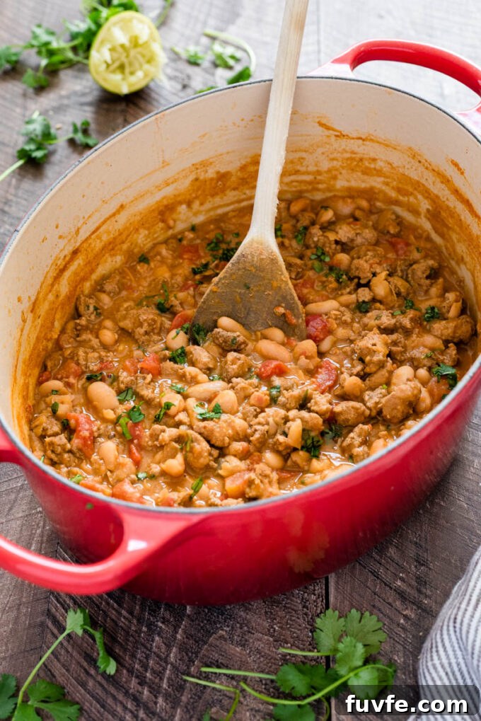 White Bean and Turkey Chili Recipe 3 White bean and turkey chili in a Dutch oven.