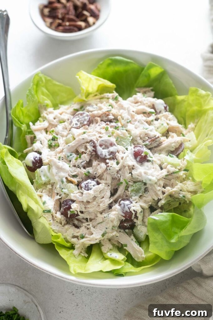 Sonoma chicken salad in a bowl over a bed of lettuce.