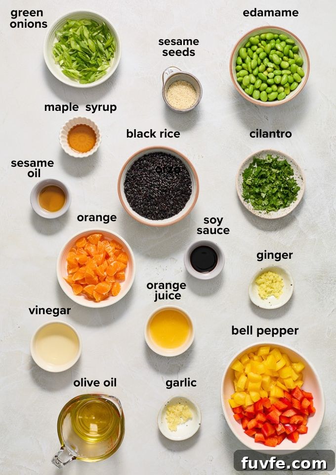 Black rice salad ingredients.