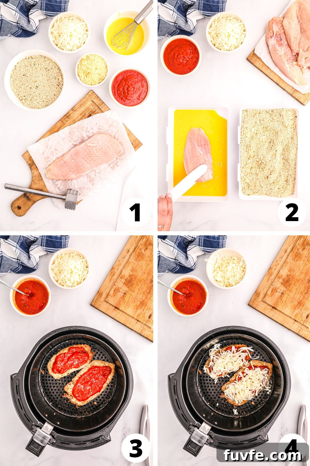 Collage of recipe steps for making chicken parmesan in an air fryer