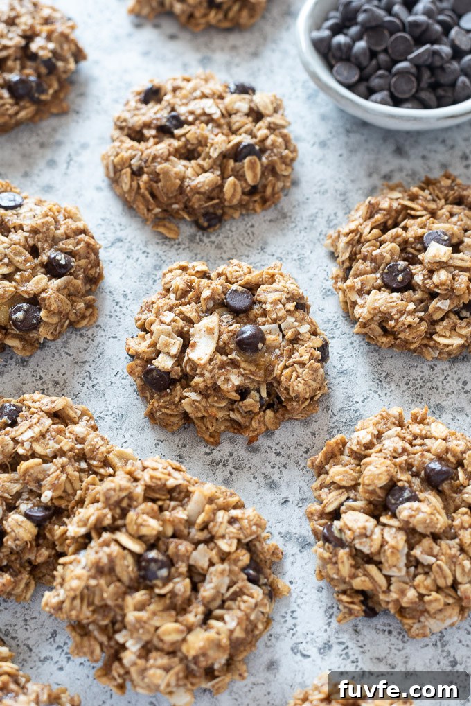 Healthy breakfast cookies near a bowl of chocolate chips