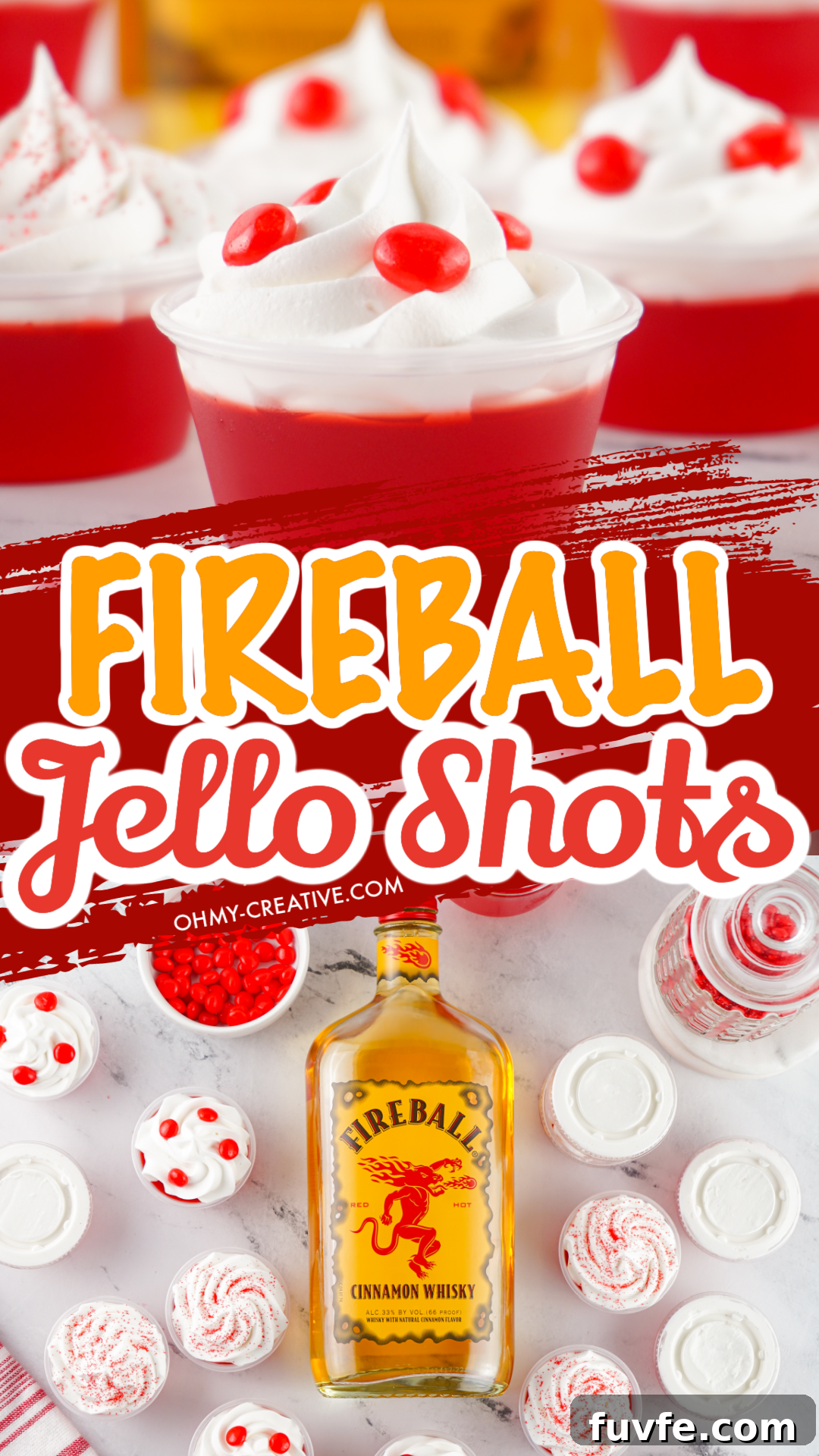 Double image pin or Red fireball jello shots with a bottle of Fireball in the background. Topped with whipped cream and red hot candy.
