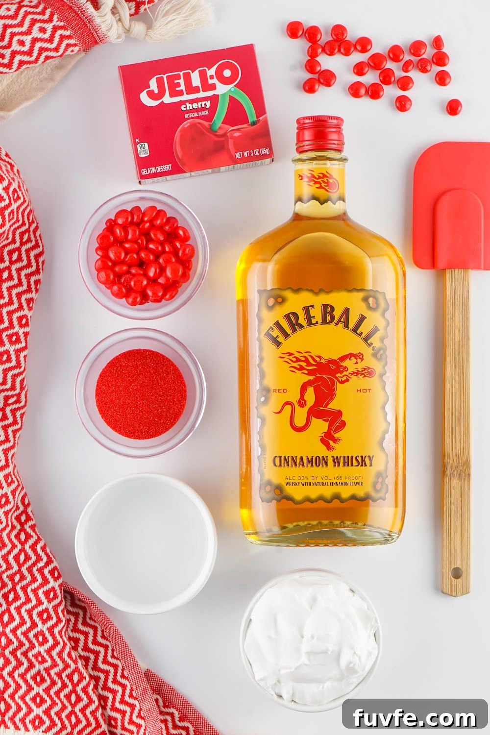Fireball jello shot recipe ingredients flat lay.