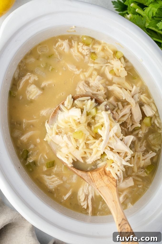 Spoonful of avgolemono soup over a slow cooker